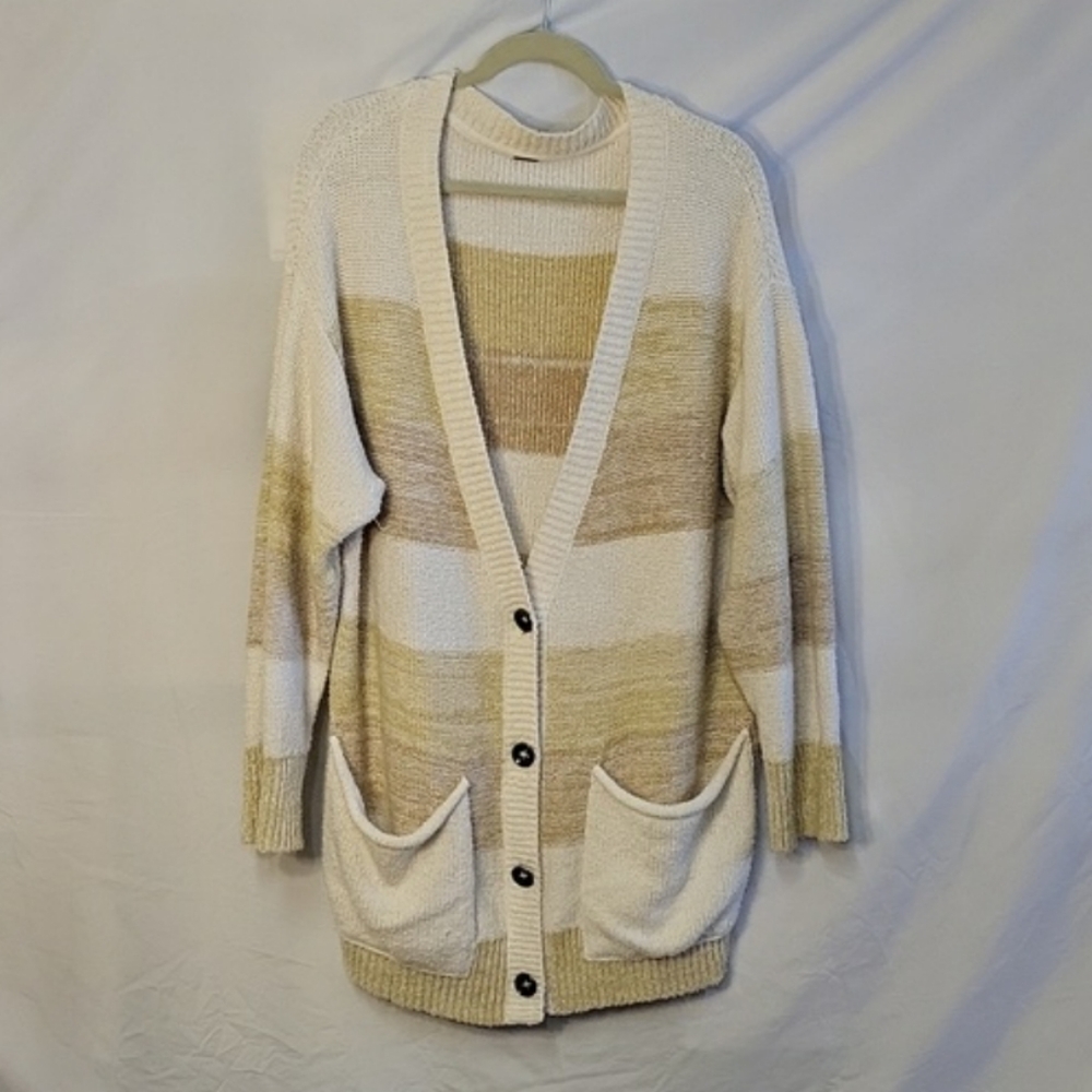 Free People Southport Beach Cozy Cardigan Sweater Striped Button Front Size L